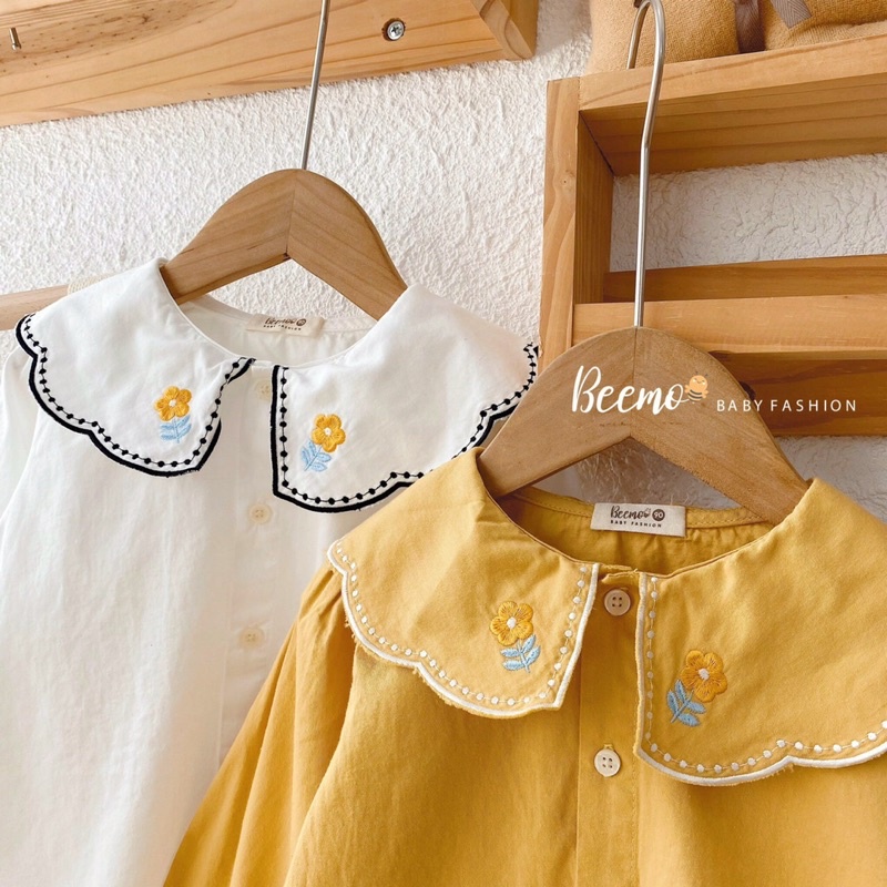 Áo sơ mi dài tay Beemo cổ sen sóng thêu hoa tiểu thư cho bé gái