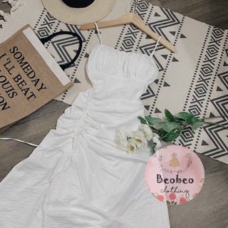 [Ảnh thật] Đầm midi trắng 2 dây rút dây eo vintage