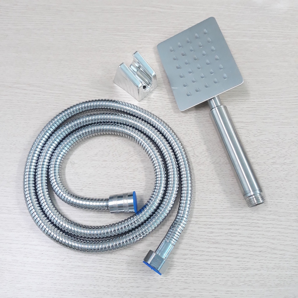 Bộ củ sen 1 đường nước lạnh Inox 304 Kèm Tay sen Inox Vuông Dẹt chống oxi hóa, tiết kiệm nước- Đủ bộ: Củ sen+tay+dây+cài