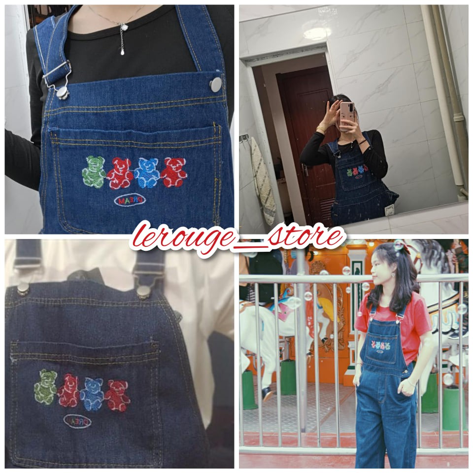 Quần yếm bò xanh đậm hình 3 chú gấu bear xinh xắn ống dài suông hách dáng hot TikTok