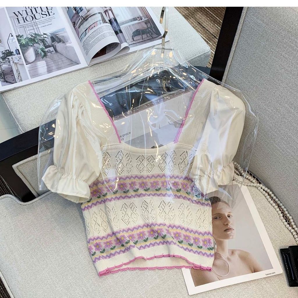 Áo Croptop Dệt Kim Tay Bồng Hoạ Tiết Hoa Thời Trang Mùa Hè Dành Cho Nữ