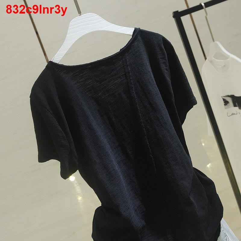 đầm xoè95 cotton mùa hè 2021 phong cách mới slub top phiên bản hàn quốc Áo thun ngắn tay cổ chữ V sơ mi nữ rộng11