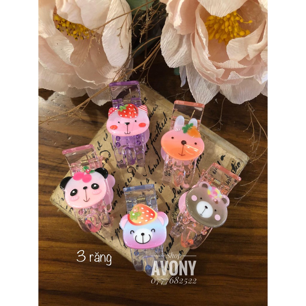 Cặp tóc càng cua thân trong 5 răng đính icon thú màu loang (cầu vòng)