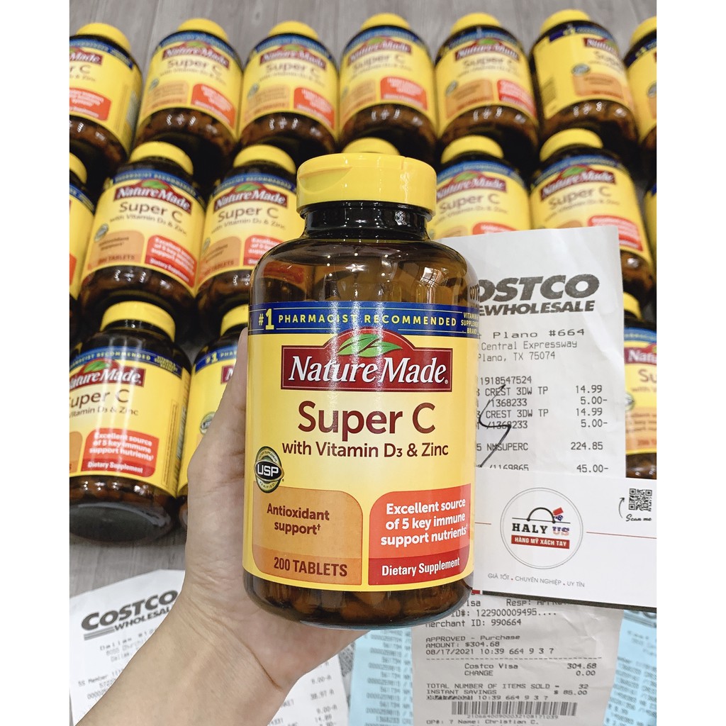 Viên uống Nature Made Super C with Vitamin D3 &amp; Zinc 200 viên - Hàng Mỹ