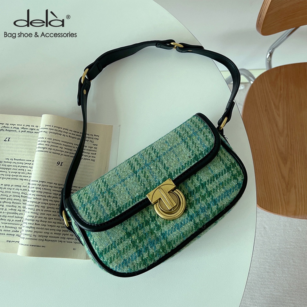 Dela Túi Đeo Chéo Bằng Len Họa Tiết Kẻ Ô Màu Xanh Lá Thời Trang Mới Cho Nữ
