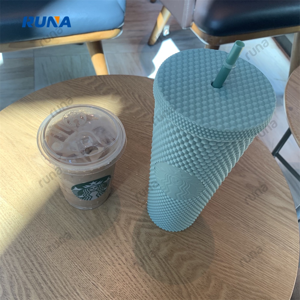 Ly Uống Nước Starbucks Có Ống Hút Màu Xanh Bạc Hà Họa Tiết Vân Kim Cương