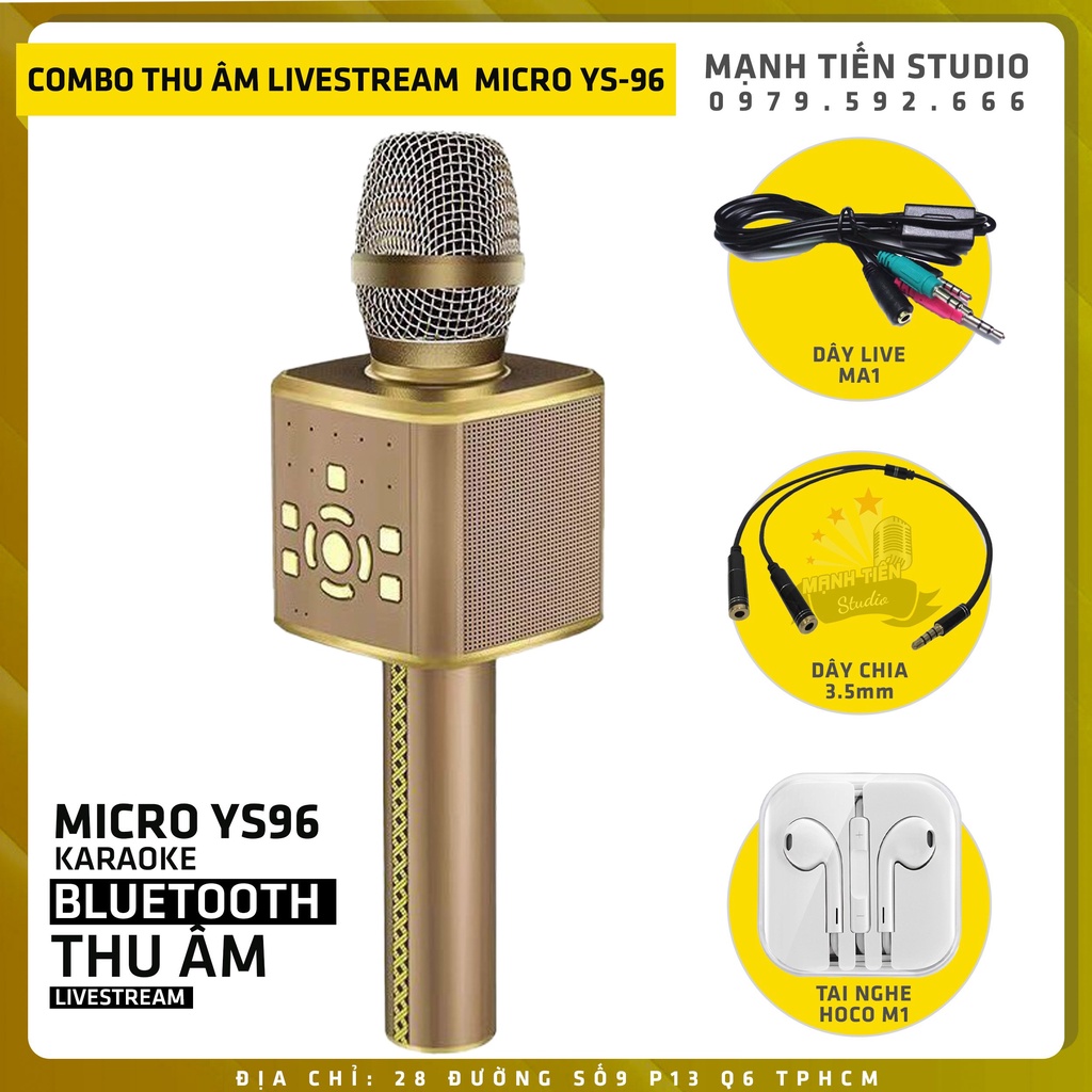 Combo Micro bluetooth Karaoke YS96 - Vừa hát vừa Livestream &amp; Thu âm tặng kèm Ma1 - dây chia tai nghe - tai phone