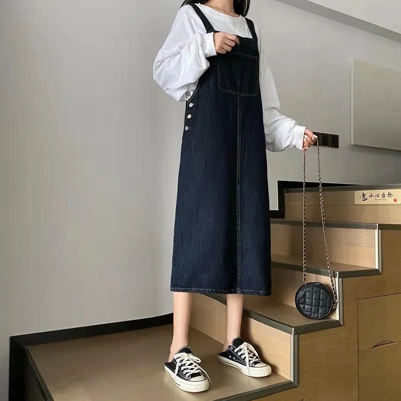 Đầm yếm denim SUXI dáng rộng phong cách Hàn Quốc thời trang mùa thu xinh xắn cho nữ