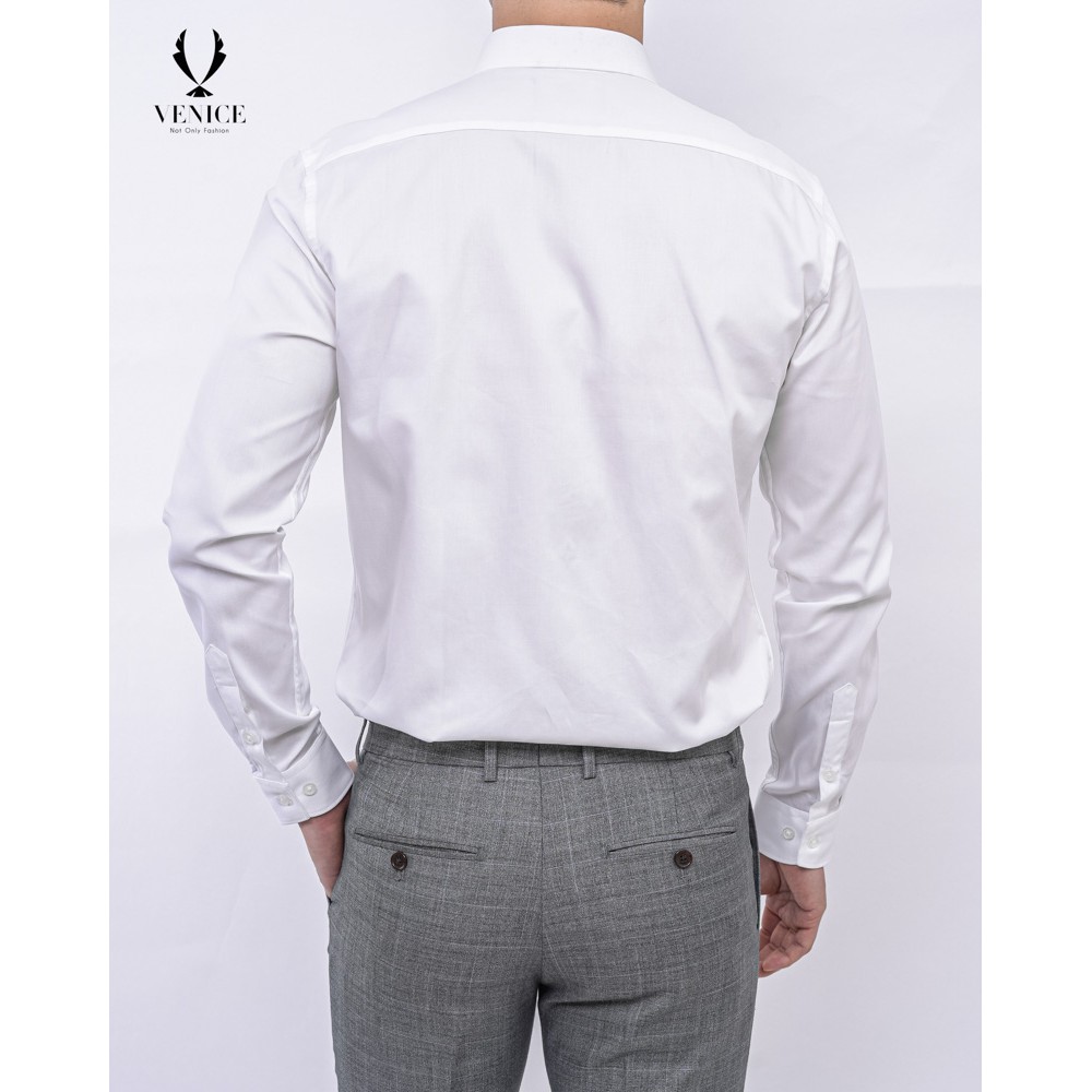 Sơ Mi Nam Dài Tay Công Sở VENICE - Màu Trắng Chéo To, Cổ Thường (Cúc Trắng Thường), Form Slim Fit, Vải Cotton Pha Sợi