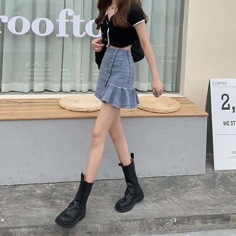 Chân Váy Denim Ngắn Lưng Cao Phong Cách Hàn Quốc Mới
