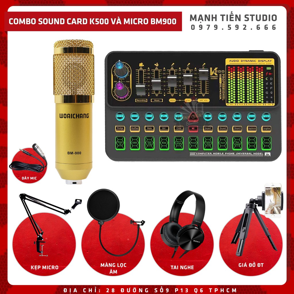 Combo thu âm livestream idol cctalk bigo tiktok karaoke Sound Card K500 Và Micro BM900 tặng full phụ kiện siêu hot 2021