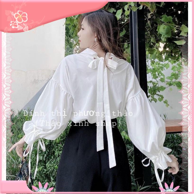 Áo Sơ Mi Trắng Nơ Lưng Tay Bồng Dây Rút Cực Xinh Freesize - A.140