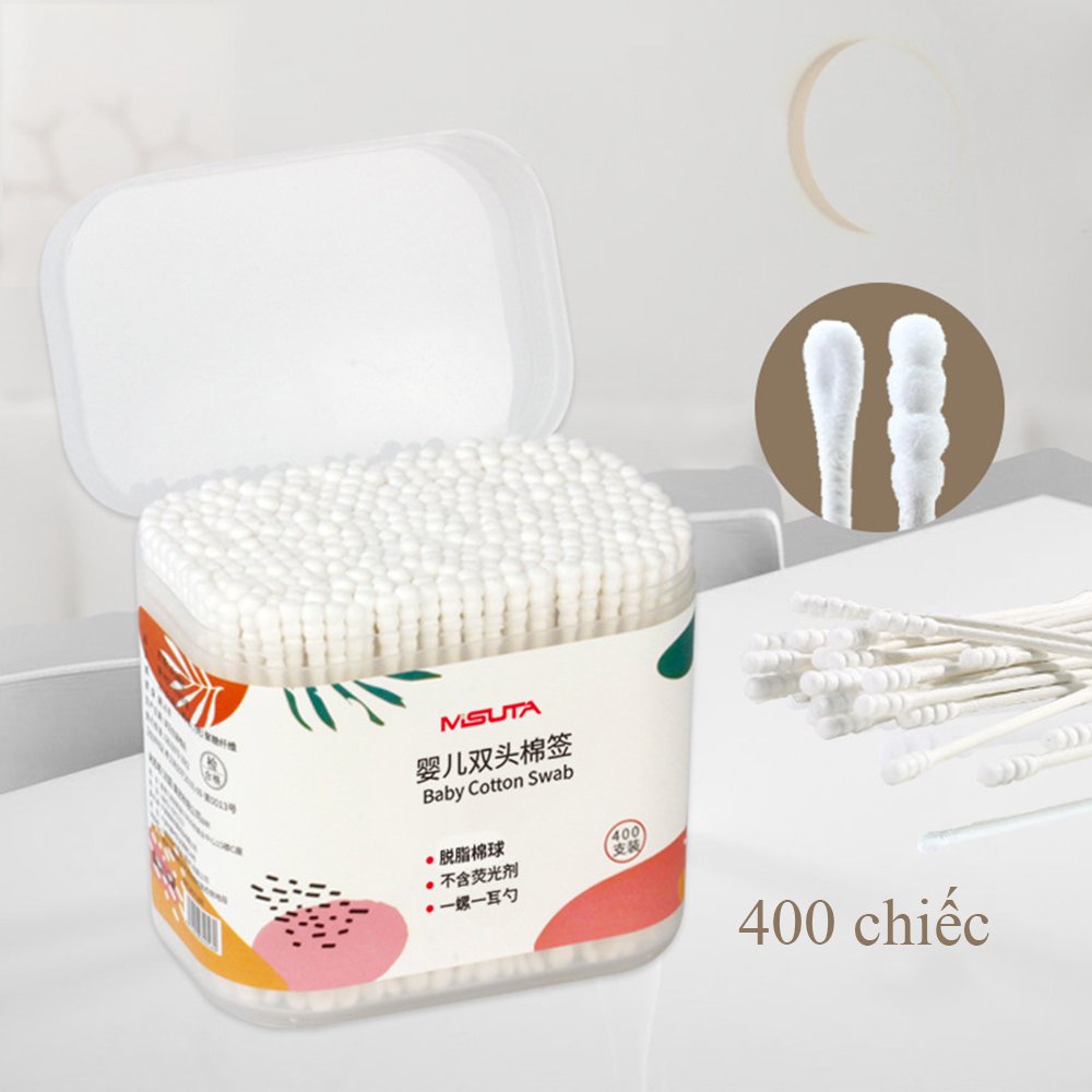 Tăm bông cho bé sơ sinh được làm từ bông tự nhiên hộp 400 que Misuta, hộp V-coool 200 que