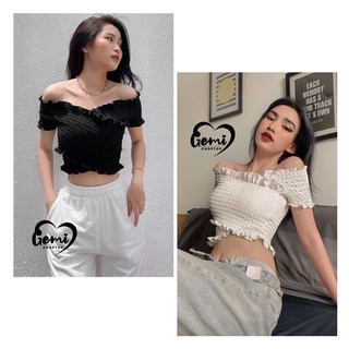 ÁO CROPTOP TRỄ VAI NHÚN CHỈ TAY NGẮN [GEMI SHOP]