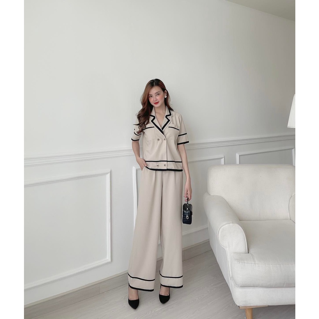 [HÀNG THIẾT KẾ CAO CẤP] Set Vest Tay Ngắn Phối Nút + Quần Suông Tôn Dáng Công Sở Thanh Lịch Màu Nude