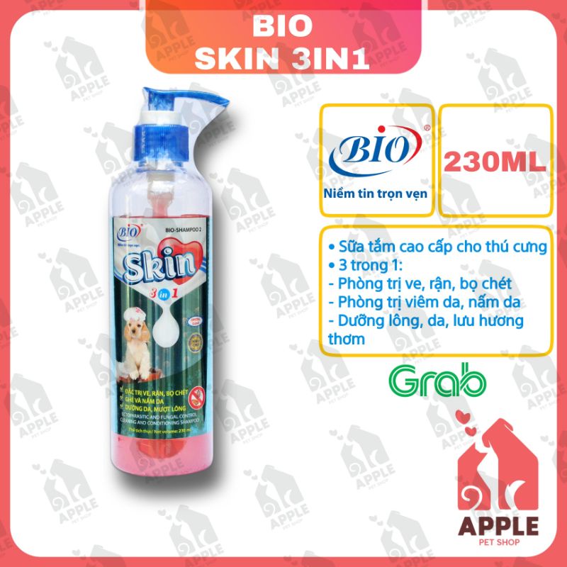 [BIO-SKIN 3in1] [230ML] Sữa tắm 3 trong 1 chuyên dùng cho thú cưng bị ve, rận, bọ chét, viêm da, giúp mượt lông, khử mùi