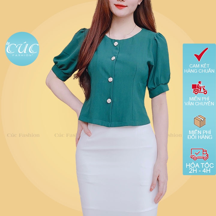 Áo sơ mi nữ CÚC FASHION somi tay ngắn cao cấp vải lụa đẹp kiểu công sở màu xanh cam sơ mi croptop 4 cúc A1145