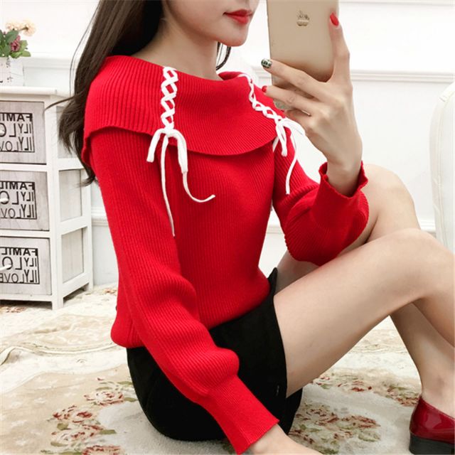 Áo len cổ trễ dây thắt vai cách điệu ALCD40