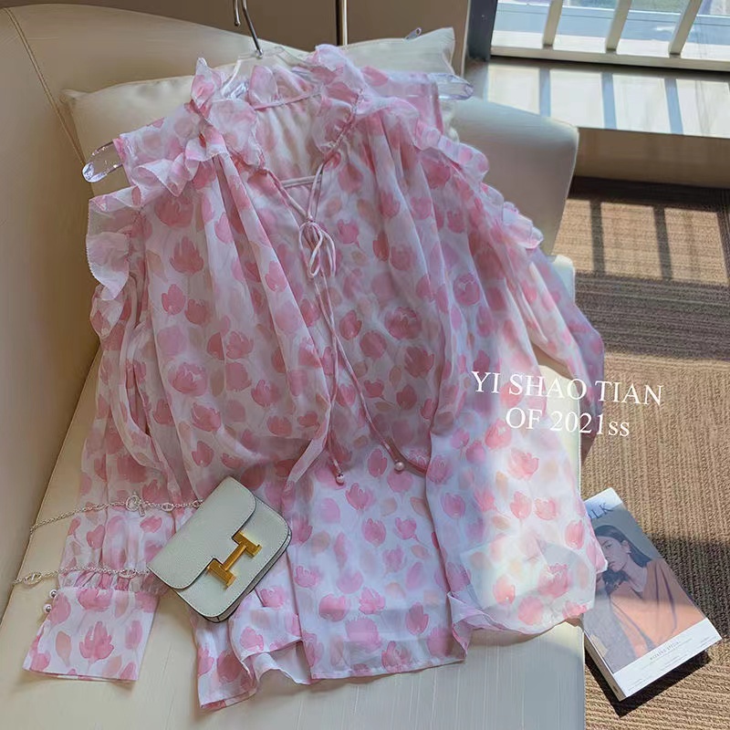 Áo kiểu BH chiffon dài tay phối dây in hoa thời trang mùa hè dành cho nữ 2022