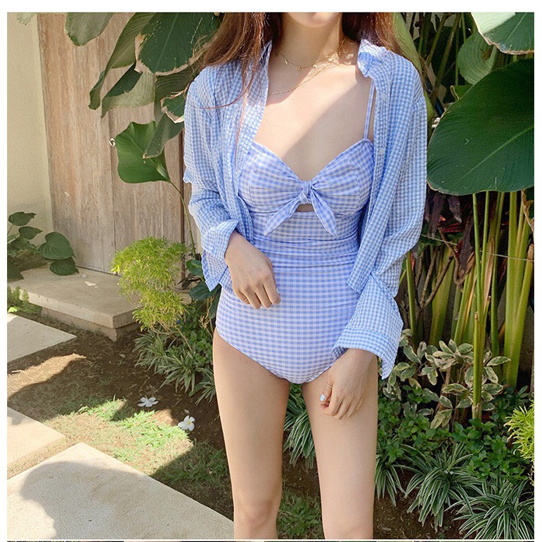 sét bikini kẻ liền mảnh nơ ngực, kèm áo choàng | BigBuy360 - bigbuy360.vn