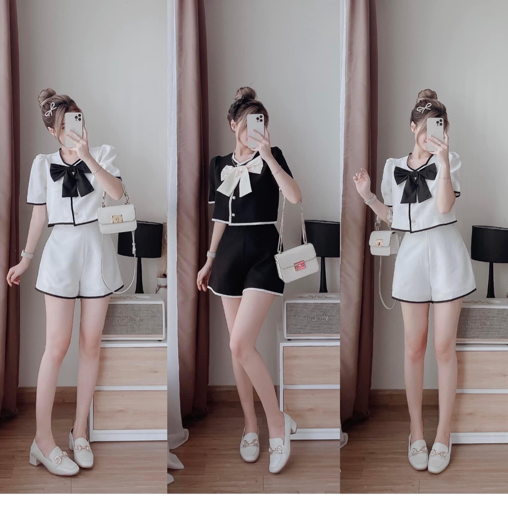 Set bộ đồ nữ áo croptop phối viền đính nơ đơn giản, siêu cute dành cho các tình yêu đi chơi, dự tiệc