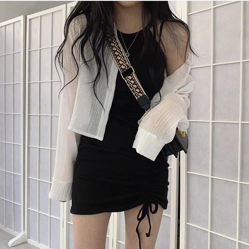 🌸 S09 Set váy yếm body dây rút + áo khoác mỏng COÁ ẢNH THẬT