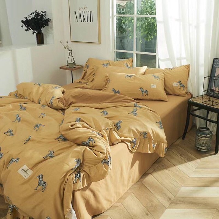 Bộ chăn ga gối , drap giường chất vải ĐŨI SILK họa tiết ngựa vằn vàng