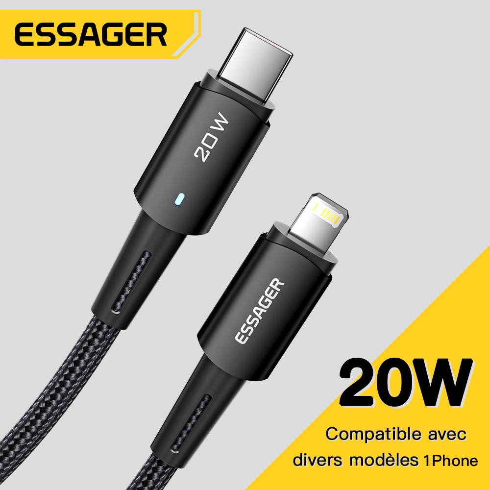 Cáp sạc nhanh hợp kim nhôm Essager PD 20W Type-C đến L 3A dành cho máy tính xách tay IP12 Pro Max 12mini 11 Pro Max