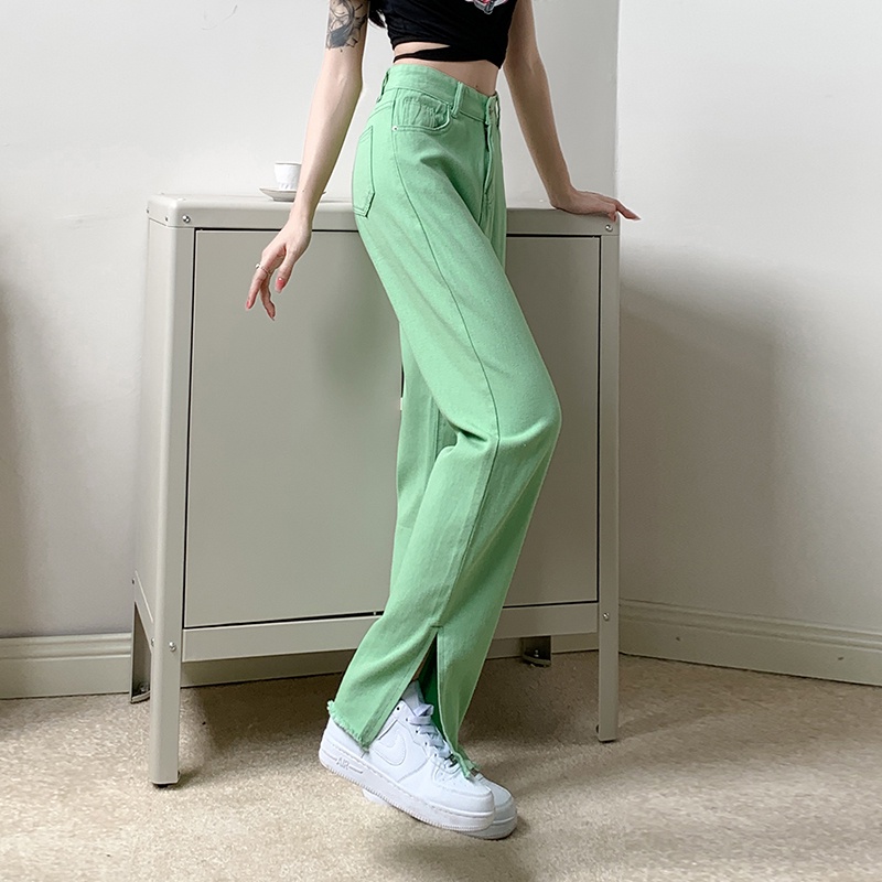 Quần Jean Dài Lưng Cao Dáng Rộng Xẻ Tà Màu Xanh Lá Nhạt Thời Trang Đường Phố Hợp Thời Trang Cho Nữ