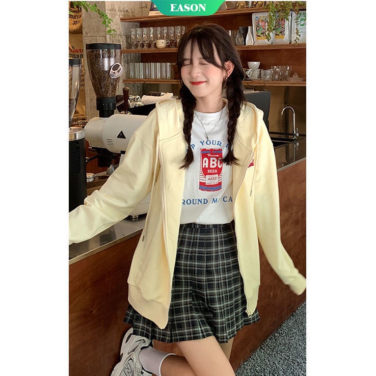 Áo khoác cardigan mỏng dáng rộng màu vàng nhạt in họa tiết có khóa kéo thời trang mùa thu cho nữ