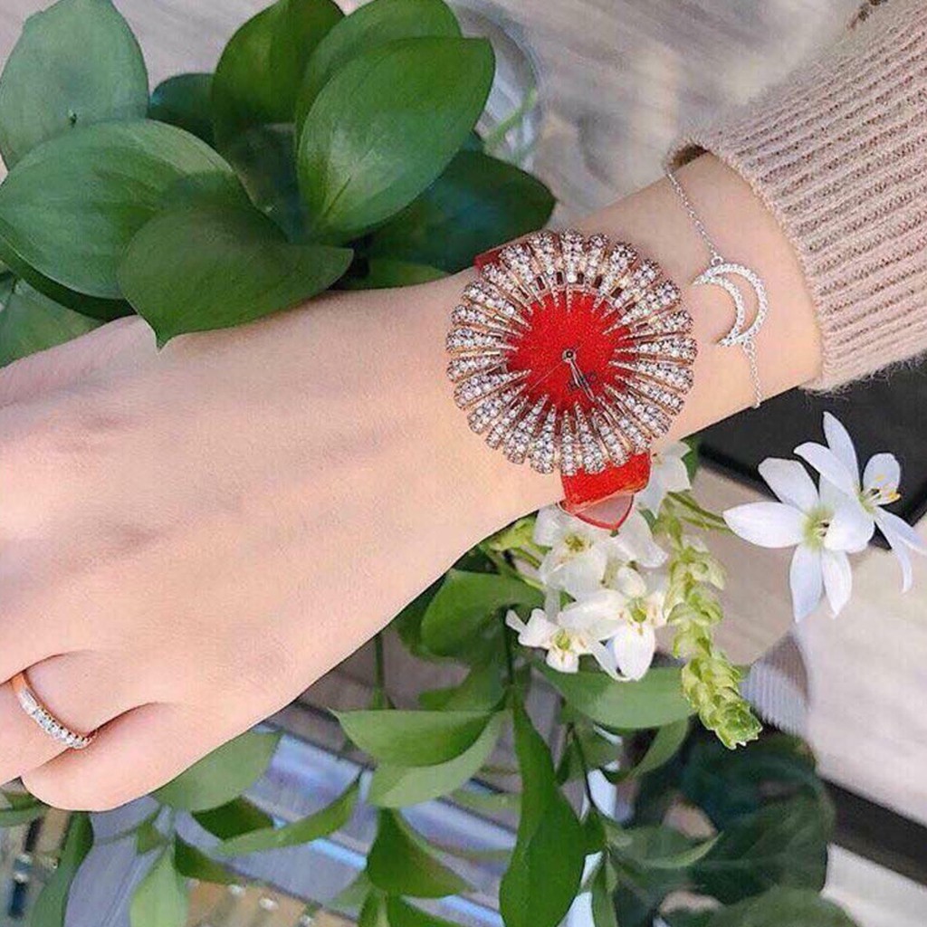 Đồng hồ nữ burgi mâm xôi đính đá dây da siêu xinh