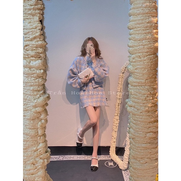 Set Váy Dạ Kẻ Xanh Cúc Ngọc Chân Váy Dạ