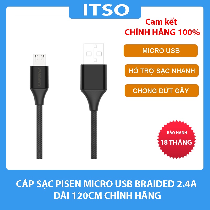 Cáp Pisen Micro USB Braided cao cấp 1.2m – Hàng chính hãng bảo hành 18 tháng