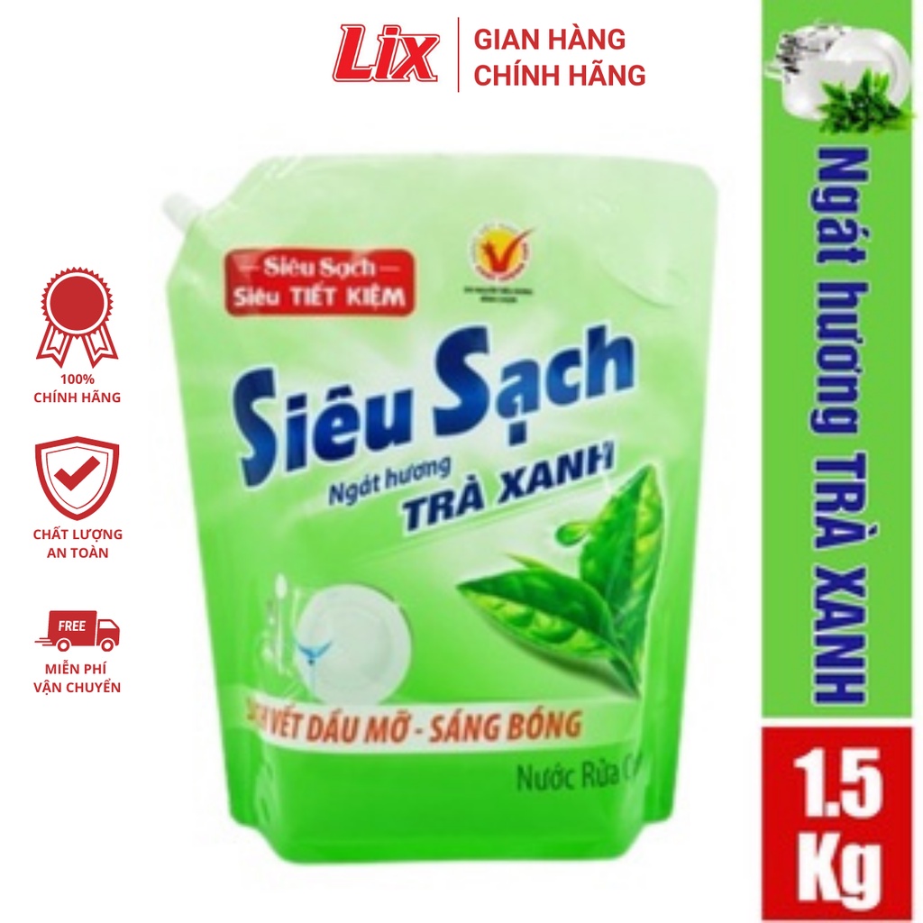 Nước rửa chén LIX 1.5KG siêu sạch hương trà xanh loại túi N8102 làm sạch vết bẩn dầu mỡ không hại da tay