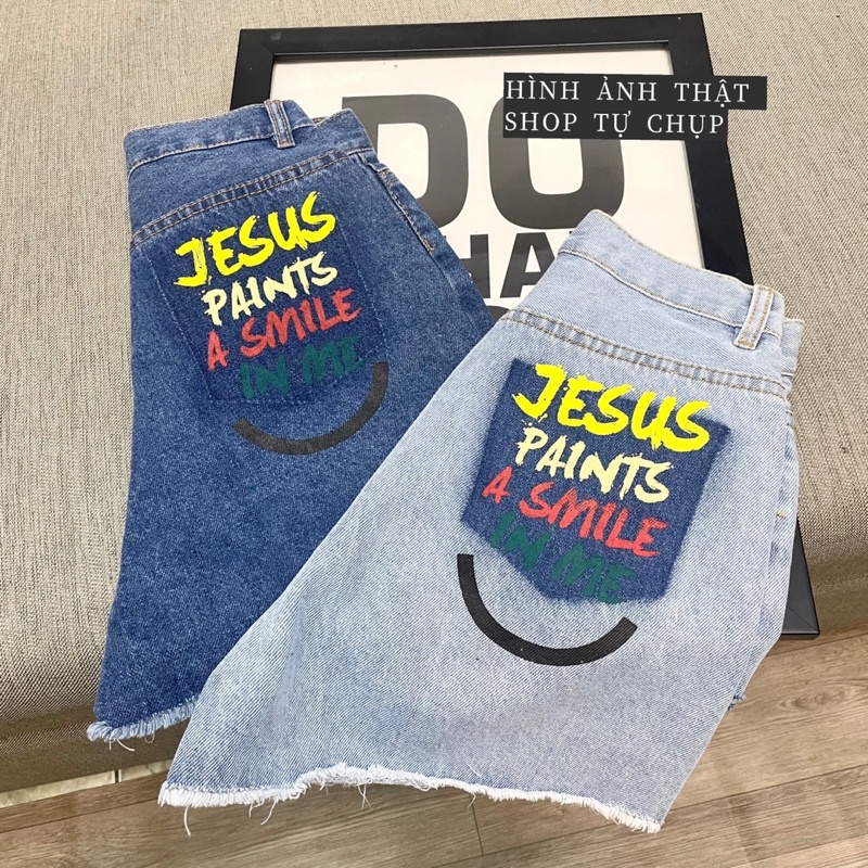 Quần Short Jean Nữ, Quần Bò Nữ Lưng Cao Túi Mix Chữ Phong Cách Ulzzang Chất Vãi Dày Dặn
