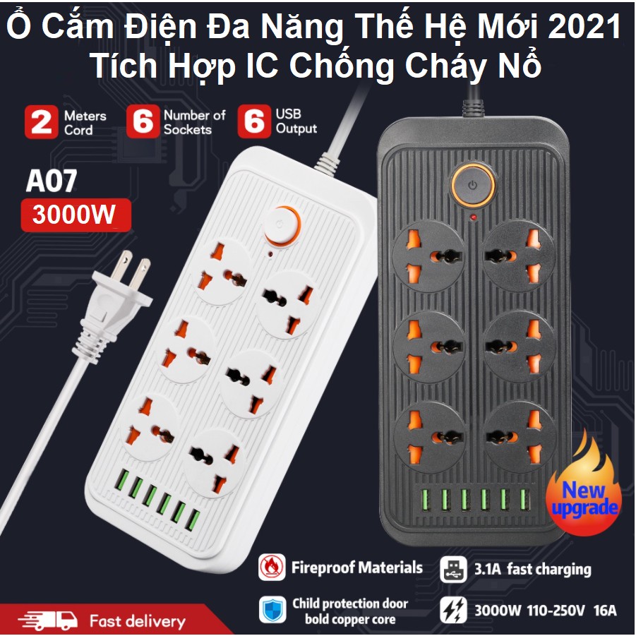 Ổ Điện Đa Năng Thông Minh  A07, Kiêm 6 Cổng USB Sạc Nhanh QC3.0 - 6 Ổ Điện Chịu Tải 2500W - Tiết Kiệm Điện