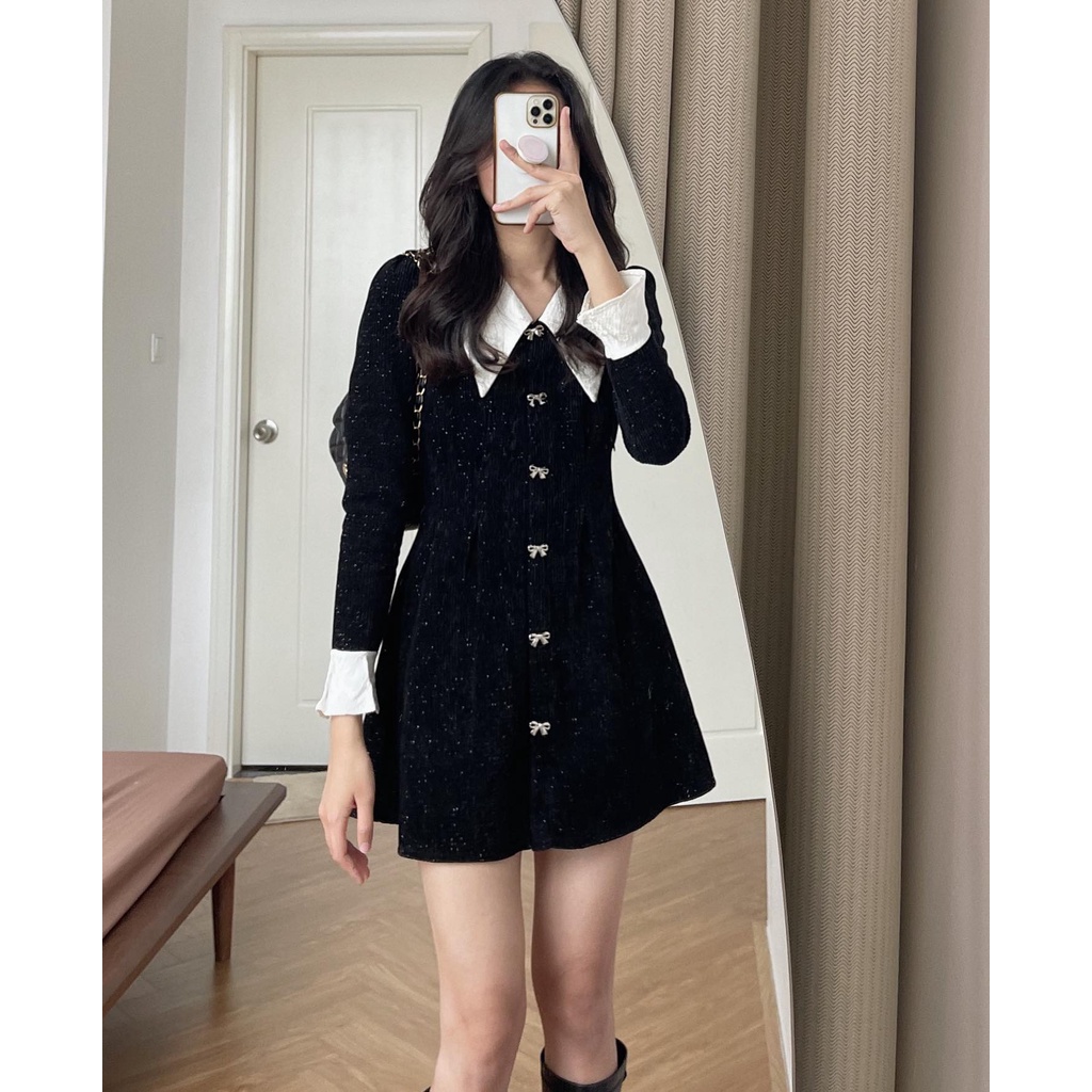 (ảnh thật) Audrey Váy dạ len pha cổ đức đính nơ 8647 | BigBuy360 - bigbuy360.vn