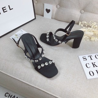 Sandal 2 quai đá gót vuông 7P - Sandal cao gót nữ Chile