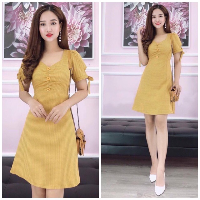 Đầm caro vàng tay nơ (kèm hình thật)