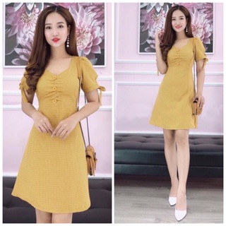 Đầm caro vàng tay nơ (kèm hình thật)