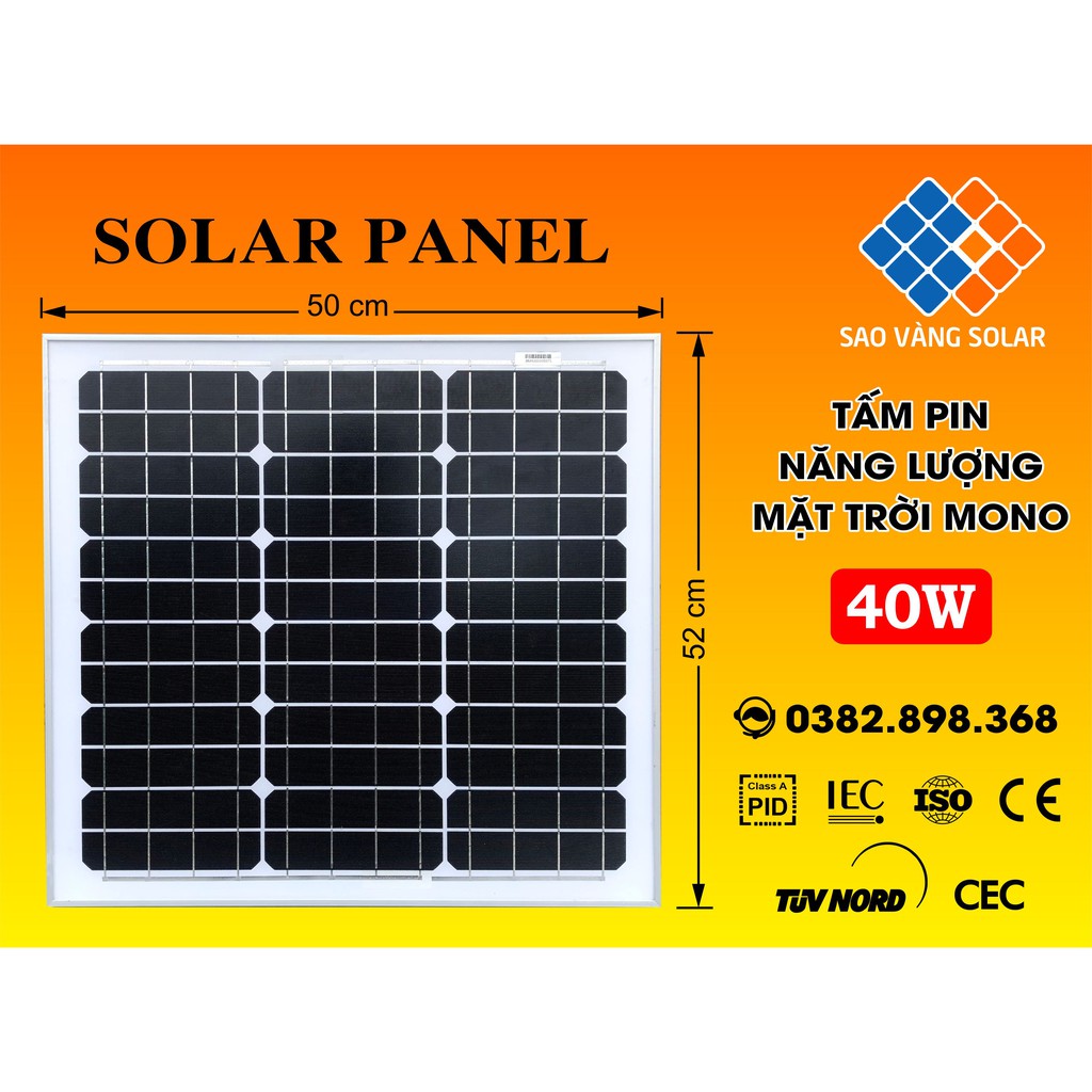 TẤM PIN NĂNG LƯỢNG MẶT TRỜI 40W MONO +TẶNG JACK MC4