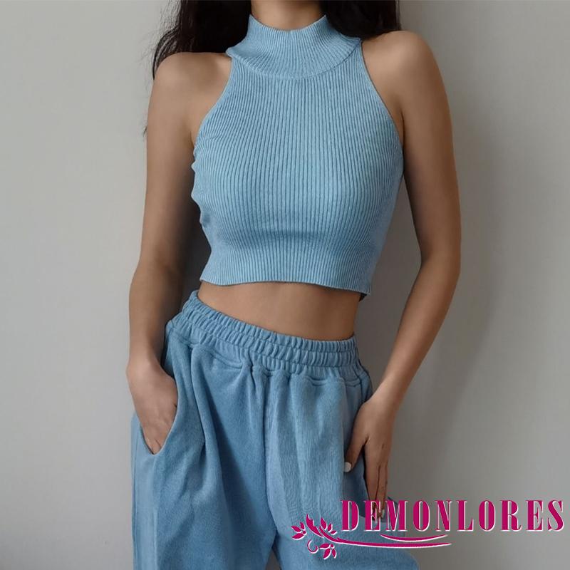 Áo Croptop Cổ Tròn Không Tay Màu Trơn Có Gân Cho Nữ