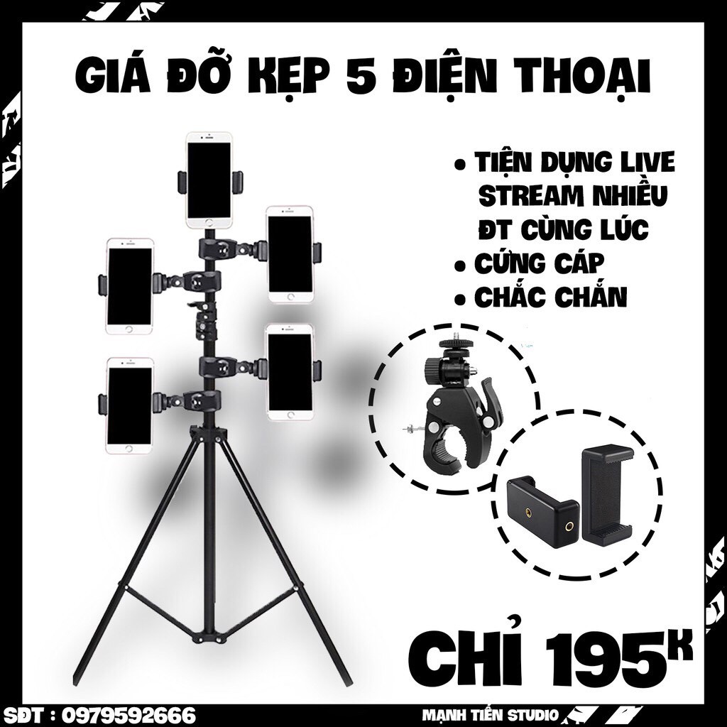 Combo full bộ giá đỡ kẹp 5 điện thoại hỗ trợ livestream nhiều máy cùng lúc - nhỏ gọn tiện lợi