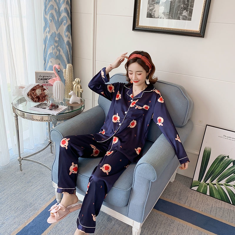 Set đồ ngủ dài tay vải lụa lạnh mỏng nhẹ in họa tiết thời trang xuân thu dễ thương cho nữ