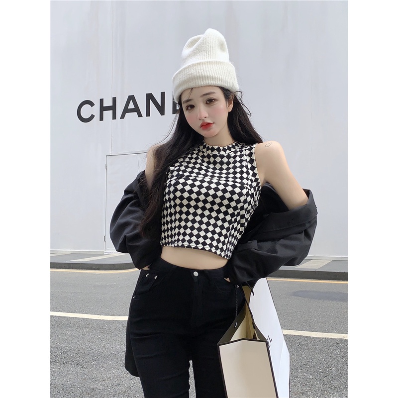 QKOOLE  Áo Croptop Sát Nách Hoạ Tiết Kẻ Caro Phong Cách Hàn Quốc Quyến Rũ