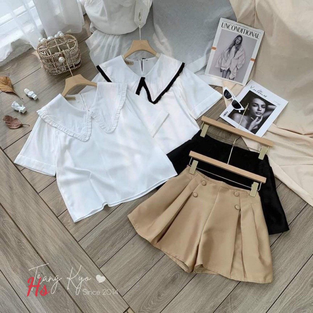 Set áo cổ bèo mix quần cúc xếp li - HÀNG XỊN - SHOPQV - SHOP Q&amp;V