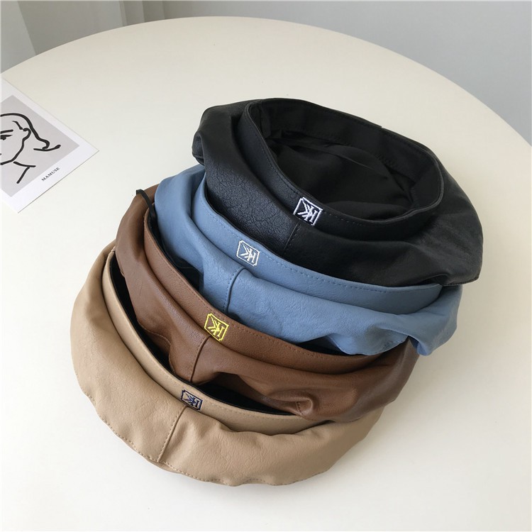 Mũ Beret Da pu Màu Trơn In Chữ Phong Cách Hàn Quốc Thời Trang Thu Đông Cho Nữ