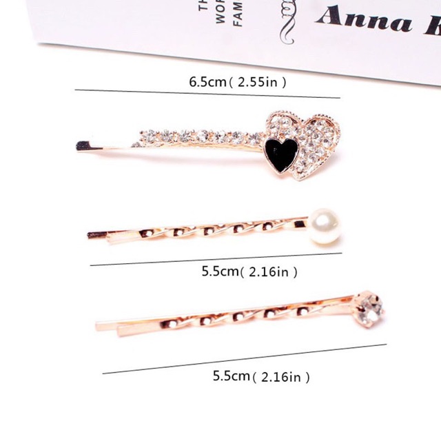 Set 3 cây kẹp đính ngọc nhân tạo và đá mẫu Hàn quốc