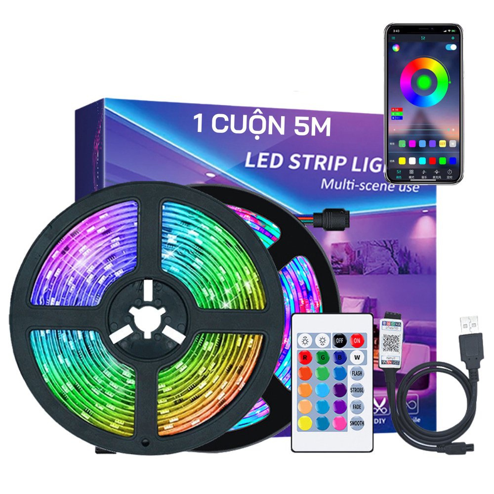 Đèn Led Tiktok dài 5m RGB 16 Triệu Màu Điều Khiển Bằng APP Điện Thoại, Nháy Theo Nhạc, Cuộn Dây Led Đổi Màu