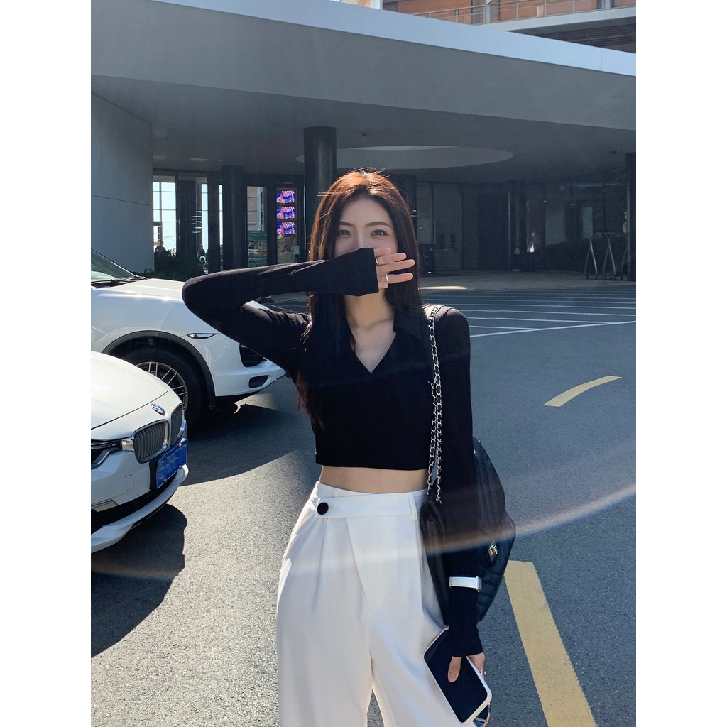 Áo Croptop Tay Dài Cổ Chữ V Phong Cách Hàn Quốc